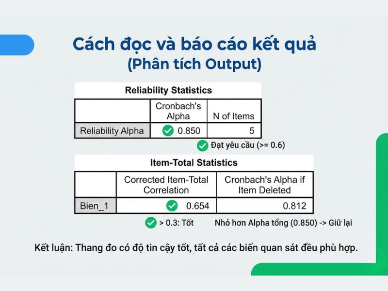 Cách đọc và báo cáo kết quả (Phân tích Output)
Hình ảnh cuối cùng hướng dẫn bạn cách đọc và phân tích các bảng kết quả quan trọng từ SPSS, giúp bạn dễ dàng viết báo cáo.