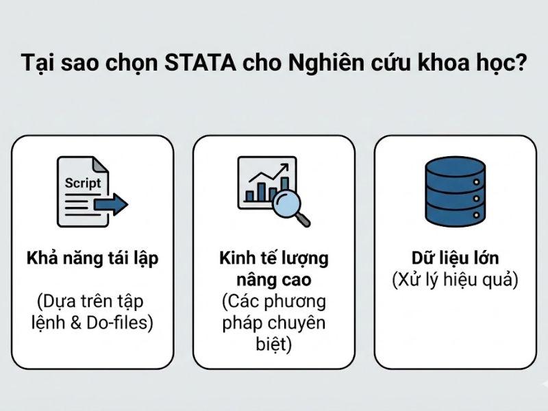 Trong kỷ nguyên của dữ liệu lớn (Big Data), việc lựa chọn công cụ phân tích phù hợp quyết định đến 50% sự thành công của một dự án nghiên cứu. Bên cạnh SPSS hay AMOS, phần mềm STATA được xem là "vũ khí" không thể thiếu đối với các nhà kinh tế học và chuyên gia phân tích dữ liệu định lượng. Bài viết này sẽ đi sâu phân tích bản chất, tính năng và lý do tại sao STATA lại giữ vị thế độc tôn trong xử lý dữ liệu mảng và chuỗi thời gian.
1. Tổng quan về STATA (Direct Answer)
Phần mềm STATA là một bộ chương trình thống kê hoàn chỉnh, tích hợp đa năng dùng để quản lý dữ liệu, phân tích thống kê, vẽ đồ thị và mô phỏng. Đây là công cụ tiêu chuẩn trong lĩnh vực nghiên cứu kinh tế lượng, y sinh và khoa học xã hội nhờ khả năng xử lý mạnh mẽ các mô hình hồi quy phức tạp như dữ liệu mảng (Panel Data) và chuỗi thời gian (Time Series) bằng dòng lệnh (Syntax).
2. Khái niệm và Nguồn gốc của phần mềm STATA
Khái niệm học thuật
Xét dưới góc độ kỹ thuật, phần mềm STATA là một gói phần mềm thống kê đa dụng (General-purpose statistical software package). Tên gọi STATA là sự kết hợp ghép vần của hai từ: Statistics (Thống kê) và Data (Dữ liệu). Điểm khác biệt cốt lõi của STATA so với các đối thủ như SPSS là khả năng vận hành song song giữa giao diện đồ họa (Point-and-click) và giao diện dòng lệnh (Command line), cho phép tối ưu hóa tốc độ xử lý dữ liệu.
Lịch sử hình thành
STATA được phát triển bởi StataCorp, ra mắt phiên bản đầu tiên vào năm 1985. Ban đầu, phần mềm này được thiết kế để chạy trên nền tảng DOS nhằm phục vụ các nhu cầu tính toán cơ bản. Trải qua gần 40 năm phát triển, các phiên bản hiện đại (như STATA 17, 18) đã tích hợp trí tuệ nhân tạo và khả năng lập trình nâng cao, trở thành tiêu chuẩn vàng trong các báo cáo nghiên cứu định lượng cấp cao và các bài báo tạp chí quốc tế (ISI/Scopus).
3. Tại sao chọn STATA cho Nghiên cứu khoa học?
Không phải ngẫu nhiên mà phần mềm STATA được ưu tiên sử dụng trong các luận án tiến sĩ và các dự án cấp nhà nước. Dưới đây là những lý do cốt lõi dựa trên thực tế vận hành:
Sức mạnh của Syntax (Cú pháp lệnh): Khác với thao tác kéo thả chậm chạp, việc sử dụng câu lệnh giúp quy trình phân tích diễn ra nhanh chóng, chính xác và dễ dàng sao chép hoặc kiểm tra lại (reproducible research) thông qua file do-files.
Khả năng xử lý Dữ liệu lớn (Big Data): Các phiên bản STATA/MP có khả năng xử lý bộ dữ liệu lên đến hàng tỷ quan sát, tận dụng tối đa sức mạnh đa nhân của CPU máy tính, điều mà Excel hay SPSS bản thường khó thực hiện mượt mà.
Chuyên biệt cho Kinh tế lượng: STATA cung cấp các công cụ kiểm định chuyên sâu cho dữ liệu mảng (Panel data), hồi quy logistic, và các mô hình tác động cố định/ngẫu nhiên (Fixed/Random Effects) chuẩn xác hơn so với các phần mềm khác.
Đồ họa chất lượng cao: Khả năng tùy biến biểu đồ của STATA rất mạnh, cho phép xuất bản các đồ thị đạt chuẩn in ấn của các tạp chí khoa học hàng đầu.
4. So sánh STATA với các phần mềm khác (SPSS, Excel, SmartPLS)
Để giúp bạn đọc có cái nhìn khách quan và lựa chọn công cụ phù hợp, dưới đây là bảng so sánh các tính năng kỹ thuật dựa trên dữ liệu thực tế:
Tiêu chí so sánh
Phần mềm STATA
SPSS
Excel
SmartPLS/AMOS
Đối tượng sử dụng
Nhà nghiên cứu kinh tế, y học, chuyên gia dữ liệu.
Sinh viên, nghiên cứu thị trường, khoa học xã hội cơ bản.
Văn phòng, kế toán, thống kê sơ cấp.
Nghiên cứu mô hình cấu trúc tuyến tính (SEM).
Thế mạnh cốt lõi
Kinh tế lượng, Dữ liệu mảng, Chuỗi thời gian, Hồi quy phức tạp.
Thống kê mô tả, So sánh trung bình, Phân tích nhân tố (EFA).
Nhập liệu, tính toán cơ bản, trình bày bảng biểu.
Phân tích mô hình đường dẫn, PLS-SEM, CB-SEM.
Giao diện
Kết hợp Dòng lệnh (Syntax) & Menu.
Giao diện trực quan (Menu/Click).
Bảng tính (Spreadsheet).
Đồ họa kéo thả mô hình (Graphic).
Độ khó khi học
Trung bình - Cao (Cần nhớ lệnh).
Thấp (Dễ tiếp cận).
Thấp.
Trung bình.
Khả năng tùy biến
Rất cao (Lập trình thêm tính năng).
Thấp.
Trung bình.
Thấp.
Nhận định: Nếu nghiên cứu của bạn liên quan đến dữ liệu theo thời gian hoặc không gian (Kinh tế vĩ mô, Tài chính), phần mềm STATA là lựa chọn bắt buộc. Nếu bạn làm về hành vi người tiêu dùng hoặc tâm lý học sử dụng thang đo Likert, SPSS hoặc SmartPLS có thể phù hợp hơn.
5. Các tính năng phân tích dữ liệu nổi bật của STATA
Một quy trình nghiên cứu chuẩn mực trên STATA thường bao gồm các bước xử lý số liệu chặt chẽ sau:
Quản lý và làm sạch dữ liệu (Data Management): STATA cho phép gộp (merge), thay đổi cấu trúc (reshape) từ dạng rộng sang dạng dài và ngược lại, xử lý dữ liệu bị khuyết (missing data) một cách linh hoạt.
Phân tích thống kê mô tả (Descriptive Statistics): Cung cấp cái nhìn tổng quan về bộ dữ liệu thông qua các chỉ số trung bình, độ lệch chuẩn, tần suất,... giúp nhà nghiên cứu nắm bắt đặc điểm mẫu.
Phân tích hồi quy tuyến tính và phi tuyến tính: Đây là "trái tim" của phần mềm STATA. Công cụ hỗ trợ mạnh mẽ các kiểm định OLS, GLS, IV (biến công cụ), GMM (Momen tổng quát)... để giải quyết các vấn đề nội sinh trong mô hình.
Phân tích Dữ liệu mảng (Panel Data Analysis): STATA được đánh giá là công cụ tốt nhất hiện nay để chạy các mô hình FEM, REM, và các kiểm định Hausman, kiểm định tự tương quan, phương sai sai số thay đổi trong dữ liệu mảng.
6. Ưu điểm và Nhược điểm khi sử dụng STATA
Mọi công cụ đều có hai mặt. Việc hiểu rõ ưu nhược điểm giúp người dùng tối ưu hóa quy trình làm việc.
Ưu điểm:
Tốc độ: Xử lý dữ liệu cực nhanh nhờ giao diện dòng lệnh.
Chính xác: Các thuật toán thống kê được cập nhật liên tục và kiểm chứng bởi cộng đồng khoa học toàn cầu.
Tính nhất quán: File do-files giúp lưu lại toàn bộ quá trình làm việc, đảm bảo tính minh bạch và khả năng tái lập kết quả nghiên cứu.
Cộng đồng hỗ trợ lớn: Có hàng nghìn lệnh bổ sung (user-written commands) được cộng đồng phát triển miễn phí.
Nhược điểm:
Rào cản ngôn ngữ lệnh: Người mới bắt đầu có thể cảm thấy khó khăn khi phải ghi nhớ cú pháp lệnh thay vì dùng chuột.
Khả năng xử lý đa biến (Multivariate): Mặc dù đã cải thiện, nhưng khả năng phân tích mô hình cấu trúc (SEM) của STATA vẫn chưa trực quan bằng AMOS hay SmartPLS.
Chi phí: Bản quyền phần mềm STATA khá cao đối với người dùng cá nhân không thuộc tổ chức giáo dục.
7. Các câu hỏi thường gặp về STATA (FAQ)
Dưới đây là giải đáp cho những thắc mắc thực tế của người dùng khi tiếp cận phần mềm này:
1. Máy tính cấu hình yếu có cài được phần mềm STATA không?
Có. STATA rất nhẹ và tối ưu phần cứng tốt. Một máy tính văn phòng cơ bản (RAM 4GB, Core i3) hoàn toàn có thể chạy mượt mà các tác vụ phân tích thông thường.
2. Tôi nên học SPSS trước hay STATA trước?
Nếu bạn làm trong lĩnh vực Kinh tế, Tài chính, Phát triển, hãy học thẳng phần mềm STATA. Nếu bạn thuộc khối ngành Xã hội học, Marketing, SPSS sẽ dễ tiếp cận hơn ở giai đoạn đầu.
3. STATA có chạy được trên Macbook không?
Được. STATA tương thích hoàn toàn với hệ điều hành macOS, Windows và Linux với giao diện và cú pháp lệnh đồng nhất.
4. Làm sao để xử lý lỗi font tiếng Việt trong STATA?
STATA phiên bản 14 trở lên đã hỗ trợ chuẩn Unicode. Tuy nhiên, để hiển thị tốt nhất, bạn nên sử dụng các bộ gõ tiếng Việt chuẩn Unicode dựng sẵn và cài đặt font hệ thống phù hợp.
Phần mềm STATA không chỉ đơn thuần là một công cụ tính toán, mà là nền tảng cốt lõi giúp các nhà nghiên cứu chuyển hóa dữ liệu thô thành các bằng chứng khoa học có giá trị. Với khả năng xử lý mạnh mẽ trong kinh tế lượng, đặc biệt là dữ liệu mảng và chuỗi thời gian, STATA là trợ thủ đắc lực giúp nâng cao chất lượng và độ tin cậy cho các công trình nghiên cứu.
Việc làm chủ STATA đòi hỏi sự kiên nhẫn trong việc học cú pháp lệnh, nhưng giá trị mà nó mang lại cho sự nghiệp nghiên cứu của bạn là vô cùng lớn. Để tìm hiểu sâu hơn về các phương pháp nghiên cứu định lượng và cách ứng dụng phần mềm này vào thực tiễn, bạn có thể tham khảo thêm các chia sẻ chuyên sâu từ thầy Nguyễn Thanh Phương - chuyên gia uy tín trong lĩnh vực hướng dẫn nghiên cứu khoa học và phân tích dữ liệu tại Việt Nam.