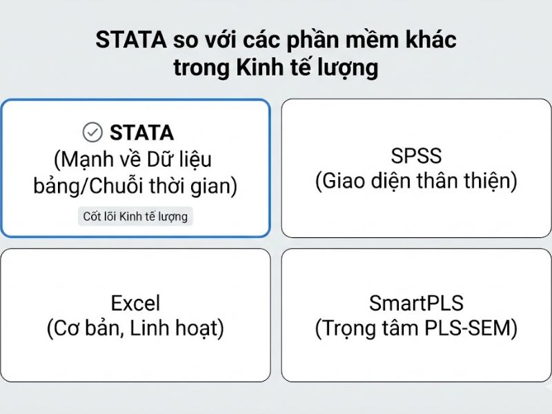 Trong kỷ nguyên của dữ liệu lớn (Big Data), việc lựa chọn công cụ phân tích phù hợp quyết định đến 50% sự thành công của một dự án nghiên cứu. Bên cạnh SPSS hay AMOS, phần mềm STATA được xem là "vũ khí" không thể thiếu đối với các nhà kinh tế học và chuyên gia phân tích dữ liệu định lượng. Bài viết này sẽ đi sâu phân tích bản chất, tính năng và lý do tại sao STATA lại giữ vị thế độc tôn trong xử lý dữ liệu mảng và chuỗi thời gian.
1. Tổng quan về STATA (Direct Answer)
Phần mềm STATA là một bộ chương trình thống kê hoàn chỉnh, tích hợp đa năng dùng để quản lý dữ liệu, phân tích thống kê, vẽ đồ thị và mô phỏng. Đây là công cụ tiêu chuẩn trong lĩnh vực nghiên cứu kinh tế lượng, y sinh và khoa học xã hội nhờ khả năng xử lý mạnh mẽ các mô hình hồi quy phức tạp như dữ liệu mảng (Panel Data) và chuỗi thời gian (Time Series) bằng dòng lệnh (Syntax).
2. Khái niệm và Nguồn gốc của phần mềm STATA
Khái niệm học thuật
Xét dưới góc độ kỹ thuật, phần mềm STATA là một gói phần mềm thống kê đa dụng (General-purpose statistical software package). Tên gọi STATA là sự kết hợp ghép vần của hai từ: Statistics (Thống kê) và Data (Dữ liệu). Điểm khác biệt cốt lõi của STATA so với các đối thủ như SPSS là khả năng vận hành song song giữa giao diện đồ họa (Point-and-click) và giao diện dòng lệnh (Command line), cho phép tối ưu hóa tốc độ xử lý dữ liệu.
Lịch sử hình thành
STATA được phát triển bởi StataCorp, ra mắt phiên bản đầu tiên vào năm 1985. Ban đầu, phần mềm này được thiết kế để chạy trên nền tảng DOS nhằm phục vụ các nhu cầu tính toán cơ bản. Trải qua gần 40 năm phát triển, các phiên bản hiện đại (như STATA 17, 18) đã tích hợp trí tuệ nhân tạo và khả năng lập trình nâng cao, trở thành tiêu chuẩn vàng trong các báo cáo nghiên cứu định lượng cấp cao và các bài báo tạp chí quốc tế (ISI/Scopus).
3. Tại sao chọn STATA cho Nghiên cứu khoa học?
Không phải ngẫu nhiên mà phần mềm STATA được ưu tiên sử dụng trong các luận án tiến sĩ và các dự án cấp nhà nước. Dưới đây là những lý do cốt lõi dựa trên thực tế vận hành:
Sức mạnh của Syntax (Cú pháp lệnh): Khác với thao tác kéo thả chậm chạp, việc sử dụng câu lệnh giúp quy trình phân tích diễn ra nhanh chóng, chính xác và dễ dàng sao chép hoặc kiểm tra lại (reproducible research) thông qua file do-files.
Khả năng xử lý Dữ liệu lớn (Big Data): Các phiên bản STATA/MP có khả năng xử lý bộ dữ liệu lên đến hàng tỷ quan sát, tận dụng tối đa sức mạnh đa nhân của CPU máy tính, điều mà Excel hay SPSS bản thường khó thực hiện mượt mà.
Chuyên biệt cho Kinh tế lượng: STATA cung cấp các công cụ kiểm định chuyên sâu cho dữ liệu mảng (Panel data), hồi quy logistic, và các mô hình tác động cố định/ngẫu nhiên (Fixed/Random Effects) chuẩn xác hơn so với các phần mềm khác.
Đồ họa chất lượng cao: Khả năng tùy biến biểu đồ của STATA rất mạnh, cho phép xuất bản các đồ thị đạt chuẩn in ấn của các tạp chí khoa học hàng đầu.
4. So sánh STATA với các phần mềm khác (SPSS, Excel, SmartPLS)
Để giúp bạn đọc có cái nhìn khách quan và lựa chọn công cụ phù hợp, dưới đây là bảng so sánh các tính năng kỹ thuật dựa trên dữ liệu thực tế:
Tiêu chí so sánh
Phần mềm STATA
SPSS
Excel
SmartPLS/AMOS
Đối tượng sử dụng
Nhà nghiên cứu kinh tế, y học, chuyên gia dữ liệu.
Sinh viên, nghiên cứu thị trường, khoa học xã hội cơ bản.
Văn phòng, kế toán, thống kê sơ cấp.
Nghiên cứu mô hình cấu trúc tuyến tính (SEM).
Thế mạnh cốt lõi
Kinh tế lượng, Dữ liệu mảng, Chuỗi thời gian, Hồi quy phức tạp.
Thống kê mô tả, So sánh trung bình, Phân tích nhân tố (EFA).
Nhập liệu, tính toán cơ bản, trình bày bảng biểu.
Phân tích mô hình đường dẫn, PLS-SEM, CB-SEM.
Giao diện
Kết hợp Dòng lệnh (Syntax) & Menu.
Giao diện trực quan (Menu/Click).
Bảng tính (Spreadsheet).
Đồ họa kéo thả mô hình (Graphic).
Độ khó khi học
Trung bình - Cao (Cần nhớ lệnh).
Thấp (Dễ tiếp cận).
Thấp.
Trung bình.
Khả năng tùy biến
Rất cao (Lập trình thêm tính năng).
Thấp.
Trung bình.
Thấp.
Nhận định: Nếu nghiên cứu của bạn liên quan đến dữ liệu theo thời gian hoặc không gian (Kinh tế vĩ mô, Tài chính), phần mềm STATA là lựa chọn bắt buộc. Nếu bạn làm về hành vi người tiêu dùng hoặc tâm lý học sử dụng thang đo Likert, SPSS hoặc SmartPLS có thể phù hợp hơn.
5. Các tính năng phân tích dữ liệu nổi bật của STATA
Một quy trình nghiên cứu chuẩn mực trên STATA thường bao gồm các bước xử lý số liệu chặt chẽ sau:
Quản lý và làm sạch dữ liệu (Data Management): STATA cho phép gộp (merge), thay đổi cấu trúc (reshape) từ dạng rộng sang dạng dài và ngược lại, xử lý dữ liệu bị khuyết (missing data) một cách linh hoạt.
Phân tích thống kê mô tả (Descriptive Statistics): Cung cấp cái nhìn tổng quan về bộ dữ liệu thông qua các chỉ số trung bình, độ lệch chuẩn, tần suất,... giúp nhà nghiên cứu nắm bắt đặc điểm mẫu.
Phân tích hồi quy tuyến tính và phi tuyến tính: Đây là "trái tim" của phần mềm STATA. Công cụ hỗ trợ mạnh mẽ các kiểm định OLS, GLS, IV (biến công cụ), GMM (Momen tổng quát)... để giải quyết các vấn đề nội sinh trong mô hình.
Phân tích Dữ liệu mảng (Panel Data Analysis): STATA được đánh giá là công cụ tốt nhất hiện nay để chạy các mô hình FEM, REM, và các kiểm định Hausman, kiểm định tự tương quan, phương sai sai số thay đổi trong dữ liệu mảng.
6. Ưu điểm và Nhược điểm khi sử dụng STATA
Mọi công cụ đều có hai mặt. Việc hiểu rõ ưu nhược điểm giúp người dùng tối ưu hóa quy trình làm việc.
Ưu điểm:
Tốc độ: Xử lý dữ liệu cực nhanh nhờ giao diện dòng lệnh.
Chính xác: Các thuật toán thống kê được cập nhật liên tục và kiểm chứng bởi cộng đồng khoa học toàn cầu.
Tính nhất quán: File do-files giúp lưu lại toàn bộ quá trình làm việc, đảm bảo tính minh bạch và khả năng tái lập kết quả nghiên cứu.
Cộng đồng hỗ trợ lớn: Có hàng nghìn lệnh bổ sung (user-written commands) được cộng đồng phát triển miễn phí.
Nhược điểm:
Rào cản ngôn ngữ lệnh: Người mới bắt đầu có thể cảm thấy khó khăn khi phải ghi nhớ cú pháp lệnh thay vì dùng chuột.
Khả năng xử lý đa biến (Multivariate): Mặc dù đã cải thiện, nhưng khả năng phân tích mô hình cấu trúc (SEM) của STATA vẫn chưa trực quan bằng AMOS hay SmartPLS.
Chi phí: Bản quyền phần mềm STATA khá cao đối với người dùng cá nhân không thuộc tổ chức giáo dục.
7. Các câu hỏi thường gặp về STATA (FAQ)
Dưới đây là giải đáp cho những thắc mắc thực tế của người dùng khi tiếp cận phần mềm này:
1. Máy tính cấu hình yếu có cài được phần mềm STATA không?
Có. STATA rất nhẹ và tối ưu phần cứng tốt. Một máy tính văn phòng cơ bản (RAM 4GB, Core i3) hoàn toàn có thể chạy mượt mà các tác vụ phân tích thông thường.
2. Tôi nên học SPSS trước hay STATA trước?
Nếu bạn làm trong lĩnh vực Kinh tế, Tài chính, Phát triển, hãy học thẳng phần mềm STATA. Nếu bạn thuộc khối ngành Xã hội học, Marketing, SPSS sẽ dễ tiếp cận hơn ở giai đoạn đầu.
3. STATA có chạy được trên Macbook không?
Được. STATA tương thích hoàn toàn với hệ điều hành macOS, Windows và Linux với giao diện và cú pháp lệnh đồng nhất.
4. Làm sao để xử lý lỗi font tiếng Việt trong STATA?
STATA phiên bản 14 trở lên đã hỗ trợ chuẩn Unicode. Tuy nhiên, để hiển thị tốt nhất, bạn nên sử dụng các bộ gõ tiếng Việt chuẩn Unicode dựng sẵn và cài đặt font hệ thống phù hợp.
Phần mềm STATA không chỉ đơn thuần là một công cụ tính toán, mà là nền tảng cốt lõi giúp các nhà nghiên cứu chuyển hóa dữ liệu thô thành các bằng chứng khoa học có giá trị. Với khả năng xử lý mạnh mẽ trong kinh tế lượng, đặc biệt là dữ liệu mảng và chuỗi thời gian, STATA là trợ thủ đắc lực giúp nâng cao chất lượng và độ tin cậy cho các công trình nghiên cứu.
Việc làm chủ STATA đòi hỏi sự kiên nhẫn trong việc học cú pháp lệnh, nhưng giá trị mà nó mang lại cho sự nghiệp nghiên cứu của bạn là vô cùng lớn. Để tìm hiểu sâu hơn về các phương pháp nghiên cứu định lượng và cách ứng dụng phần mềm này vào thực tiễn, bạn có thể tham khảo thêm các chia sẻ chuyên sâu từ thầy Nguyễn Thanh Phương - chuyên gia uy tín trong lĩnh vực hướng dẫn nghiên cứu khoa học và phân tích dữ liệu tại Việt Nam.