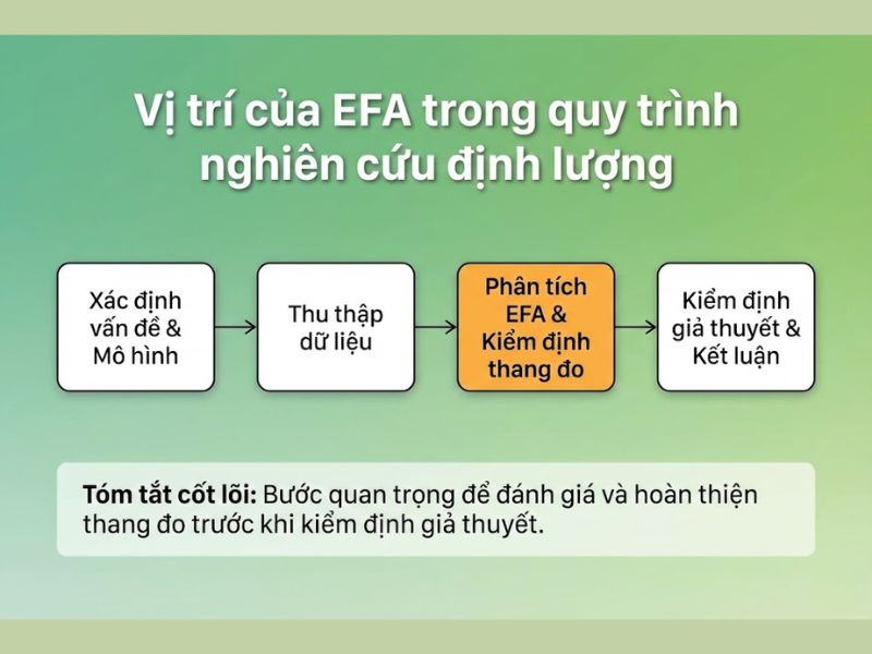 Vị trí của EFA trong quy trình nghiên cứu định lượng
Hình ảnh minh họa vị trí quan trọng của EFA, nằm giữa bước thu thập dữ liệu và kiểm định giả thuyết, giúp đánh giá và hoàn thiện thang đo.