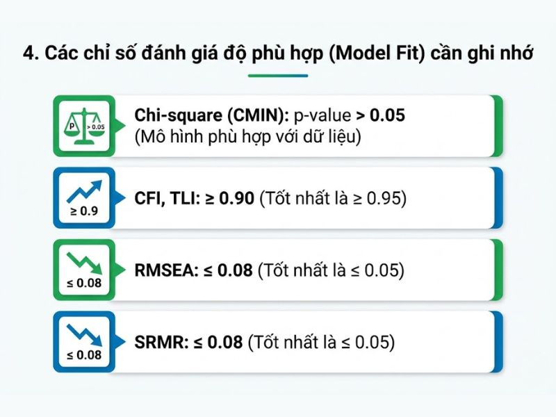 Ghi nhớ quan trọng
Ảnh này nhấn mạnh rằng việc đánh giá mô hình CFA không chỉ dựa trên các chỉ số thống kê mà còn phải xem xét tính hợp lý về mặt lý thuyết.