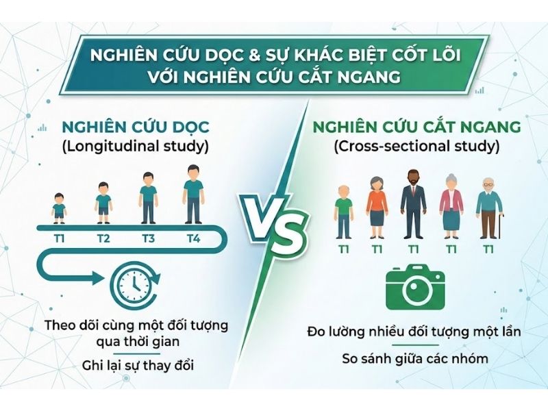 Nghiên cứu dọc (Longitudinal study) và Sự khác biệt cốt lõi với Nghiên cứu cắt ngang (Cross-sectional)
