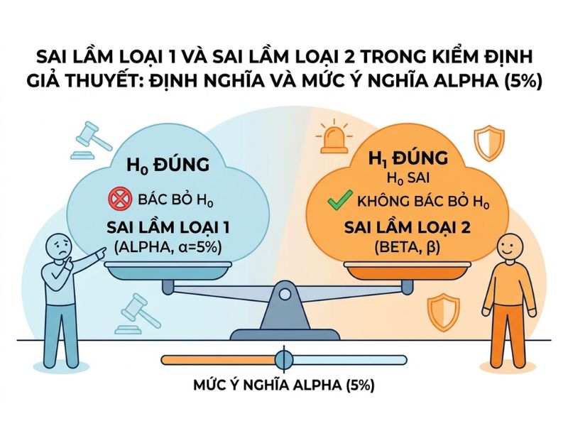 Sai lầm loại 1 và Sai lầm loại 2 trong Kiểm định giả thuyết: Định nghĩa và Mức ý nghĩa Alpha (5%)