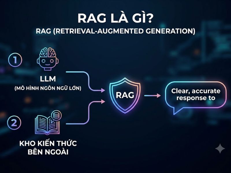 RAG là gì? RAG (Retrieval-Augmented Generation - Tạo sinh tăng cường truy xuất) là một khung kiến trúc trí tuệ nhân tạo (AI) được thiết kế để cải thiện chất lượng, độ chính xác và tính cập nhật của các Mô hình ngôn ngữ lớn (LLM) bằng cách liên kết mô hình này với các cơ sở dữ liệu tri thức bên ngoài trước khi tiến hành tạo sinh văn bản. Việc hiểu rõ nền tảng công nghệ RAG là gì đóng vai trò then chốt giúp các doanh nghiệp giải quyết triệt để tình trạng "ảo giác AI" (AI Hallucination) và nâng cao độ tin cậy của các hệ thống AI chuyên ngành.
Nền tảng công nghệ RAG là gì?
Khái niệm RAG là gì được định nghĩa một cách chính xác dựa trên nền tảng kỹ thuật do Meta AI giới thiệu. RAG là một hệ thống lai (hybrid system) kết hợp giữa hai thành phần: cơ chế truy xuất thông tin độc lập (retriever) và mô hình học sâu tạo sinh (generator). Thay vì chỉ dựa vào tham số trọng số (weights) được huấn luyện từ trước, RAG bắt buộc mô hình LLM phải tham chiếu đến một tập dữ liệu thực tế, được cập nhật liên tục để trích xuất ngữ cảnh trước khi đưa ra câu trả lời.
Nguyên lý khoa học: Theo nghiên cứu "Retrieval-Augmented Generation for Knowledge-Intensive NLP Tasks" công bố năm 2020 bởi Patrick Lewis và các nhà nghiên cứu tại Meta AI, kiến trúc RAG sử dụng mô hình Dense Passage Retriever (DPR) để chuyển đổi tài liệu thành các vector số học (embeddings), sau đó đối chiếu độ tương đồng cosine (cosine similarity) với truy vấn của người dùng để tìm ra thông tin ngữ cảnh chính xác nhất, trước khi cấp phát dữ liệu này cho mô hình seq2seq để tạo sinh văn bản.
Cơ chế hoạt động của kiến trúc RAG là gì?
Quy trình vận hành của RAG bao gồm 3 giai đoạn tuyến tính và chặt chẽ. Hệ thống không cho phép LLM tự động đoán câu trả lời mà phải trải qua quy trình xác thực dữ liệu gốc.
Giai đoạn 1: Truy xuất (Retrieval): Khi người dùng nhập truy vấn, hệ thống sẽ sử dụng thuật toán nhúng (Embedding Model) để biến đổi truy vấn văn bản thành một vector đa chiều. Vector truy vấn này được so sánh với hệ thống cơ sở dữ liệu vector (Vector Database) chứa dữ liệu doanh nghiệp để tìm ra các đoạn văn bản (chunks) có ý nghĩa tương đồng nhất.
Giai đoạn 2: Tăng cường ngữ cảnh (Augmented): Các đoạn thông tin vừa được truy xuất sẽ được gắn kèm (append) vào truy vấn ban đầu của người dùng, tạo thành một câu lệnh mới (Prompt) giàu ngữ cảnh.
Giai đoạn 3: Tạo sinh văn bản (Generation): Prompt đã được tăng cường này được gửi đến LLM (như GPT-4, Llama 3). LLM đọc nguồn thông tin thực tế được cung cấp và tiến hành tổng hợp, định dạng lại thành một câu trả lời tự nhiên, chính xác và có trích dẫn nguồn rõ ràng.
So sánh tối ưu hóa LLM: Fine-Tuning và RAG là gì?
Để nhận thức rõ giá trị của RAG là gì trong việc triển khai AI, việc so sánh trực diện phương pháp RAG với quy trình Tinh chỉnh (Fine-Tuning) là bắt buộc. Dưới đây là bảng số liệu so sánh tham chiếu thông số kỹ thuật:
Tiêu chí kỹ thuật
Kiến trúc RAG (Retrieval-Augmented Generation)
Phương pháp Fine-Tuning (Tinh chỉnh mô hình)
Nguồn dữ liệu
Trích xuất từ Vector Database ngoài (Cập nhật thời gian thực)
Tích hợp sâu vào tham số mô hình (Tĩnh)
Chi phí vận hành
Thấp (Chỉ tốn phí lưu trữ vector và API truy vấn)
Rất cao (Đòi hỏi năng lực điện toán GPU lớn)
Tính minh bạch (Auditability)
Cao. Có khả năng truy xuất trực tiếp nguồn tài liệu.
Thấp. Mô hình hoạt động như một "hộp đen" (Black box).
Rủi ro ảo giác AI (Hallucination)
Dưới 5% (Phụ thuộc hoàn toàn vào dữ liệu cấp phát)
15% - 20% (Phụ thuộc vào chất lượng tập dữ liệu huấn luyện)
Khả năng cập nhật
Tức thì (Chỉ cần thêm tài liệu mới vào cơ sở dữ liệu)
Chậm (Cần huấn luyện lại toàn bộ mô hình)

Những lợi ích vượt trội của doanh nghiệp khi triển khai RAG là gì?
Bằng việc áp dụng chuẩn xác kiến trúc RAG, doanh nghiệp có thể giải quyết được bài toán chi phí và độ chính xác của AI. Các lợi ích cụ thể bao gồm:
Đảm bảo tính thực tế và minh bạch: RAG buộc AI tạo ra thông tin dựa trên dữ liệu thật của doanh nghiệp. Mọi câu trả lời đều có thể đối chiếu chéo (cross-check) trực tiếp với tài liệu gốc, loại bỏ hoàn toàn các thông tin bịa đặt.
Tiết kiệm tối đa ngân sách điện toán: Doanh nghiệp không cần đầu tư máy chủ GPU đắt đỏ để huấn luyện (train) lại LLM chuyên ngành. Hệ thống chỉ yêu cầu thiết lập đường ống dữ liệu (Data Pipeline) và Vector Database.
Bảo mật dữ liệu tuyệt đối: Khi áp dụng RAG nội bộ, dữ liệu nhạy cảm của tổ chức không bị đưa vào tham số của các mô hình ngôn ngữ công khai, đảm bảo tính tuân thủ quy định bảo mật (GDPR, HIPAA).
Kiểm soát quyền truy cập theo ngữ cảnh: RAG cho phép phân quyền (Role-based access control) trong giai đoạn truy xuất. Nghĩa là nhân viên cấp thấp sẽ không thể dùng AI để truy xuất các báo cáo tài chính nội bộ cấp C-level.
Câu hỏi thường gặp (FAQ) về công nghệ RAG
Vector Database trong RAG là gì?
Vector Database (Cơ sở dữ liệu vector) là hệ thống lưu trữ dữ liệu dưới dạng các điểm số toán học (vector) trong không gian đa chiều. Trong RAG, Vector Database (như Pinecone, Milvus, ChromaDB) có nhiệm vụ lưu trữ các đoạn tài liệu đã được mã hóa và thực hiện thuật toán tìm kiếm tương đồng (Semantic Search) cực kỳ nhanh chóng để tìm ra dữ liệu khớp với câu hỏi của người dùng.
AI Hallucination là gì và RAG khắc phục nó như thế nào?
AI Hallucination (Ảo giác AI) là hiện tượng LLM tự tạo ra các thông tin sai lệch, phi logic nhưng lại trình bày bằng văn phong rất tự tin. RAG khắc phục hoàn toàn hiện tượng này bằng cách áp đặt cơ chế "chỉ trả lời dựa trên ngữ cảnh được cung cấp". Nếu thông tin không tồn tại trong tập dữ liệu truy xuất, hệ thống RAG sẽ được cấu hình để phản hồi: "Tôi không có đủ thông tin để trả lời câu hỏi này".
Advanced RAG là gì so với Naive RAG?
Advanced RAG (RAG nâng cao) là các kỹ thuật tối ưu hóa đường ống dữ liệu nhằm cải thiện độ chính xác của tìm kiếm, vượt ra khỏi quy trình cơ bản (Naive RAG). Các phương pháp Advanced RAG bao gồm Tối ưu hóa phân đoạn dữ liệu (Chunking Optimization), Truy xuất kết hợp (Hybrid Search giữa Vector và Keyword), và Xếp hạng lại (Re-ranking) sử dụng các mô hình chuyên biệt như Cohere Rerank để đưa tài liệu liên quan nhất lên đầu ngữ cảnh.
Kết luận
Tổng kết lại, bản chất của RAG là gì? RAG là bước tiến khoa học giải quyết khoảng trống giữa khả năng giao tiếp của Mô hình ngôn ngữ lớn (LLM) và sự thật khách quan của dữ liệu độc quyền. Thay vì nhồi nhét mọi kiến thức vào một mô hình khổng lồ, RAG đóng vai trò như một thủ thư thông minh: tìm kiếm chính xác tài liệu cần thiết và sử dụng năng lực ngôn ngữ của AI để giải thích tài liệu đó cho người dùng. Hiểu rõ kiến trúc RAG là gì sẽ là lợi thế cạnh tranh cốt lõi cho bất kỳ tổ chức nào muốn ứng dụng AI Tạo sinh vào môi trường sản xuất thực tế.
