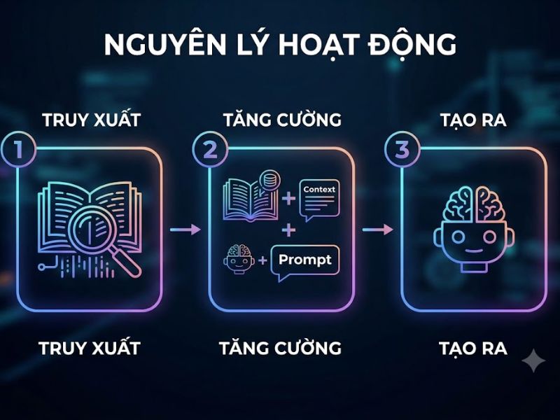 RAG là gì? RAG (Retrieval-Augmented Generation - Tạo sinh tăng cường truy xuất) là một khung kiến trúc trí tuệ nhân tạo (AI) được thiết kế để cải thiện chất lượng, độ chính xác và tính cập nhật của các Mô hình ngôn ngữ lớn (LLM) bằng cách liên kết mô hình này với các cơ sở dữ liệu tri thức bên ngoài trước khi tiến hành tạo sinh văn bản. Việc hiểu rõ nền tảng công nghệ RAG là gì đóng vai trò then chốt giúp các doanh nghiệp giải quyết triệt để tình trạng "ảo giác AI" (AI Hallucination) và nâng cao độ tin cậy của các hệ thống AI chuyên ngành.
Nền tảng công nghệ RAG là gì?
Khái niệm RAG là gì được định nghĩa một cách chính xác dựa trên nền tảng kỹ thuật do Meta AI giới thiệu. RAG là một hệ thống lai (hybrid system) kết hợp giữa hai thành phần: cơ chế truy xuất thông tin độc lập (retriever) và mô hình học sâu tạo sinh (generator). Thay vì chỉ dựa vào tham số trọng số (weights) được huấn luyện từ trước, RAG bắt buộc mô hình LLM phải tham chiếu đến một tập dữ liệu thực tế, được cập nhật liên tục để trích xuất ngữ cảnh trước khi đưa ra câu trả lời.
Nguyên lý khoa học: Theo nghiên cứu "Retrieval-Augmented Generation for Knowledge-Intensive NLP Tasks" công bố năm 2020 bởi Patrick Lewis và các nhà nghiên cứu tại Meta AI, kiến trúc RAG sử dụng mô hình Dense Passage Retriever (DPR) để chuyển đổi tài liệu thành các vector số học (embeddings), sau đó đối chiếu độ tương đồng cosine (cosine similarity) với truy vấn của người dùng để tìm ra thông tin ngữ cảnh chính xác nhất, trước khi cấp phát dữ liệu này cho mô hình seq2seq để tạo sinh văn bản.
Cơ chế hoạt động của kiến trúc RAG là gì?
Quy trình vận hành của RAG bao gồm 3 giai đoạn tuyến tính và chặt chẽ. Hệ thống không cho phép LLM tự động đoán câu trả lời mà phải trải qua quy trình xác thực dữ liệu gốc.
Giai đoạn 1: Truy xuất (Retrieval): Khi người dùng nhập truy vấn, hệ thống sẽ sử dụng thuật toán nhúng (Embedding Model) để biến đổi truy vấn văn bản thành một vector đa chiều. Vector truy vấn này được so sánh với hệ thống cơ sở dữ liệu vector (Vector Database) chứa dữ liệu doanh nghiệp để tìm ra các đoạn văn bản (chunks) có ý nghĩa tương đồng nhất.
Giai đoạn 2: Tăng cường ngữ cảnh (Augmented): Các đoạn thông tin vừa được truy xuất sẽ được gắn kèm (append) vào truy vấn ban đầu của người dùng, tạo thành một câu lệnh mới (Prompt) giàu ngữ cảnh.
Giai đoạn 3: Tạo sinh văn bản (Generation): Prompt đã được tăng cường này được gửi đến LLM (như GPT-4, Llama 3). LLM đọc nguồn thông tin thực tế được cung cấp và tiến hành tổng hợp, định dạng lại thành một câu trả lời tự nhiên, chính xác và có trích dẫn nguồn rõ ràng.
So sánh tối ưu hóa LLM: Fine-Tuning và RAG là gì?
Để nhận thức rõ giá trị của RAG là gì trong việc triển khai AI, việc so sánh trực diện phương pháp RAG với quy trình Tinh chỉnh (Fine-Tuning) là bắt buộc. Dưới đây là bảng số liệu so sánh tham chiếu thông số kỹ thuật:
Tiêu chí kỹ thuật
Kiến trúc RAG (Retrieval-Augmented Generation)
Phương pháp Fine-Tuning (Tinh chỉnh mô hình)
Nguồn dữ liệu
Trích xuất từ Vector Database ngoài (Cập nhật thời gian thực)
Tích hợp sâu vào tham số mô hình (Tĩnh)
Chi phí vận hành
Thấp (Chỉ tốn phí lưu trữ vector và API truy vấn)
Rất cao (Đòi hỏi năng lực điện toán GPU lớn)
Tính minh bạch (Auditability)
Cao. Có khả năng truy xuất trực tiếp nguồn tài liệu.
Thấp. Mô hình hoạt động như một "hộp đen" (Black box).
Rủi ro ảo giác AI (Hallucination)
Dưới 5% (Phụ thuộc hoàn toàn vào dữ liệu cấp phát)
15% - 20% (Phụ thuộc vào chất lượng tập dữ liệu huấn luyện)
Khả năng cập nhật
Tức thì (Chỉ cần thêm tài liệu mới vào cơ sở dữ liệu)
Chậm (Cần huấn luyện lại toàn bộ mô hình)

Những lợi ích vượt trội của doanh nghiệp khi triển khai RAG là gì?
Bằng việc áp dụng chuẩn xác kiến trúc RAG, doanh nghiệp có thể giải quyết được bài toán chi phí và độ chính xác của AI. Các lợi ích cụ thể bao gồm:
Đảm bảo tính thực tế và minh bạch: RAG buộc AI tạo ra thông tin dựa trên dữ liệu thật của doanh nghiệp. Mọi câu trả lời đều có thể đối chiếu chéo (cross-check) trực tiếp với tài liệu gốc, loại bỏ hoàn toàn các thông tin bịa đặt.
Tiết kiệm tối đa ngân sách điện toán: Doanh nghiệp không cần đầu tư máy chủ GPU đắt đỏ để huấn luyện (train) lại LLM chuyên ngành. Hệ thống chỉ yêu cầu thiết lập đường ống dữ liệu (Data Pipeline) và Vector Database.
Bảo mật dữ liệu tuyệt đối: Khi áp dụng RAG nội bộ, dữ liệu nhạy cảm của tổ chức không bị đưa vào tham số của các mô hình ngôn ngữ công khai, đảm bảo tính tuân thủ quy định bảo mật (GDPR, HIPAA).
Kiểm soát quyền truy cập theo ngữ cảnh: RAG cho phép phân quyền (Role-based access control) trong giai đoạn truy xuất. Nghĩa là nhân viên cấp thấp sẽ không thể dùng AI để truy xuất các báo cáo tài chính nội bộ cấp C-level.
Câu hỏi thường gặp (FAQ) về công nghệ RAG
Vector Database trong RAG là gì?
Vector Database (Cơ sở dữ liệu vector) là hệ thống lưu trữ dữ liệu dưới dạng các điểm số toán học (vector) trong không gian đa chiều. Trong RAG, Vector Database (như Pinecone, Milvus, ChromaDB) có nhiệm vụ lưu trữ các đoạn tài liệu đã được mã hóa và thực hiện thuật toán tìm kiếm tương đồng (Semantic Search) cực kỳ nhanh chóng để tìm ra dữ liệu khớp với câu hỏi của người dùng.
AI Hallucination là gì và RAG khắc phục nó như thế nào?
AI Hallucination (Ảo giác AI) là hiện tượng LLM tự tạo ra các thông tin sai lệch, phi logic nhưng lại trình bày bằng văn phong rất tự tin. RAG khắc phục hoàn toàn hiện tượng này bằng cách áp đặt cơ chế "chỉ trả lời dựa trên ngữ cảnh được cung cấp". Nếu thông tin không tồn tại trong tập dữ liệu truy xuất, hệ thống RAG sẽ được cấu hình để phản hồi: "Tôi không có đủ thông tin để trả lời câu hỏi này".
Advanced RAG là gì so với Naive RAG?
Advanced RAG (RAG nâng cao) là các kỹ thuật tối ưu hóa đường ống dữ liệu nhằm cải thiện độ chính xác của tìm kiếm, vượt ra khỏi quy trình cơ bản (Naive RAG). Các phương pháp Advanced RAG bao gồm Tối ưu hóa phân đoạn dữ liệu (Chunking Optimization), Truy xuất kết hợp (Hybrid Search giữa Vector và Keyword), và Xếp hạng lại (Re-ranking) sử dụng các mô hình chuyên biệt như Cohere Rerank để đưa tài liệu liên quan nhất lên đầu ngữ cảnh.
Kết luận
Tổng kết lại, bản chất của RAG là gì? RAG là bước tiến khoa học giải quyết khoảng trống giữa khả năng giao tiếp của Mô hình ngôn ngữ lớn (LLM) và sự thật khách quan của dữ liệu độc quyền. Thay vì nhồi nhét mọi kiến thức vào một mô hình khổng lồ, RAG đóng vai trò như một thủ thư thông minh: tìm kiếm chính xác tài liệu cần thiết và sử dụng năng lực ngôn ngữ của AI để giải thích tài liệu đó cho người dùng. Hiểu rõ kiến trúc RAG là gì sẽ là lợi thế cạnh tranh cốt lõi cho bất kỳ tổ chức nào muốn ứng dụng AI Tạo sinh vào môi trường sản xuất thực tế.
